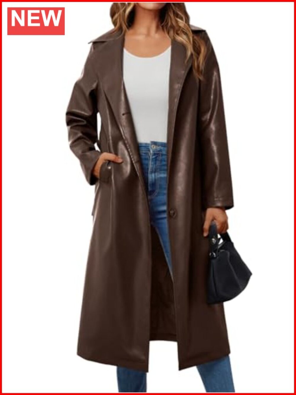 Womens Long Lapel Faux Leather Belted Trench Coat Jacket